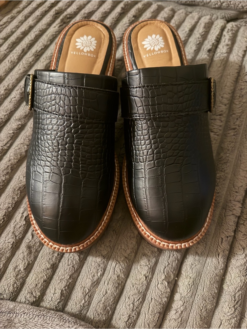 Yellow Box Black Croc-Embossed Slip-On Clogs with Buckle